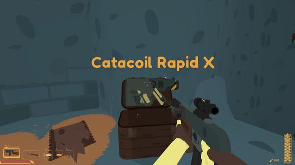 Screenshot from SULFUR: A player character holding a rifle faces an open chest with a Catacoil Rapid X gun inside.