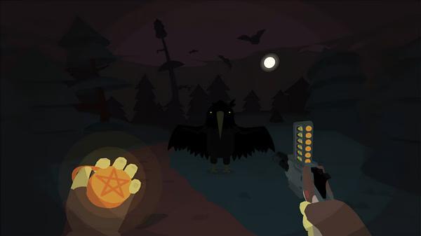 Screenshot from SULFUR: A player holds a glowing symbol and revolver, facing a large, shadowy bird under a moonlit sky.