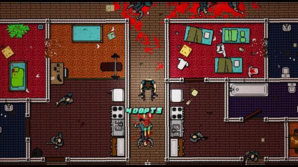 Screenshot from Hotline Miami 2: Wrong Number featuring a top-down view of a character in a blood-splattered, pixelated room.