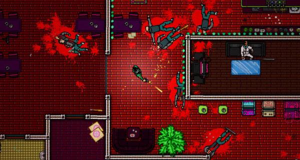 Hotline Miami 2: Wrong Number screenshot: A character fires at enemies in a blood-splattered room with a bartender watching.