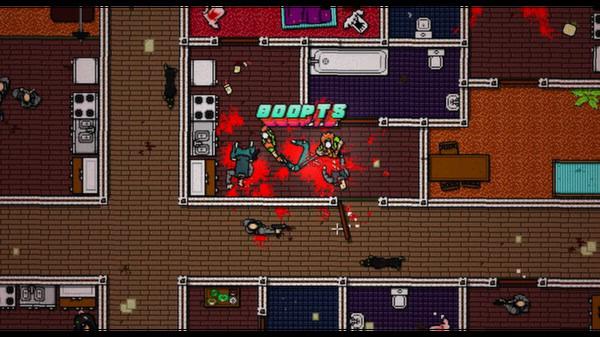 Screenshot from Hotline Miami 2: Wrong Number showing a chaotic top-down view of a violent scene in a pixelated apartment building.