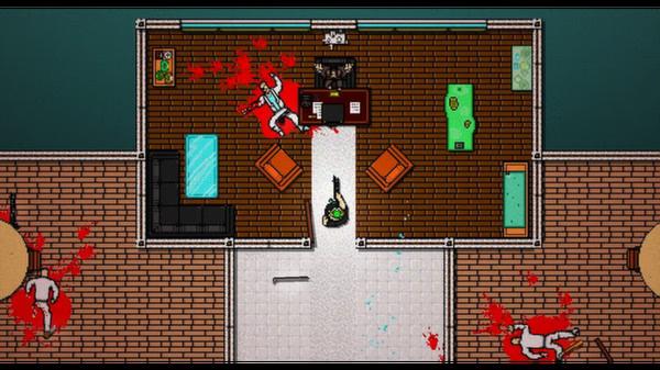 Hotline Miami 2: Wrong Number screenshot: Top-down view of a room with a character in a mask surrounded by several fallen enemies.
