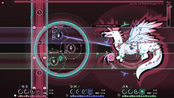 Screenshot from Rabbit and Steel showing a battle with a dragon, featuring health bars and character stats on screen.