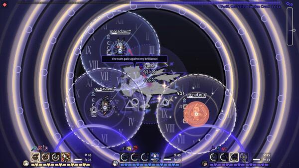 Screenshot from 'Rabbit and Steel': A dynamic battle scene with characters surrounded by mystical circles and numbers in space.