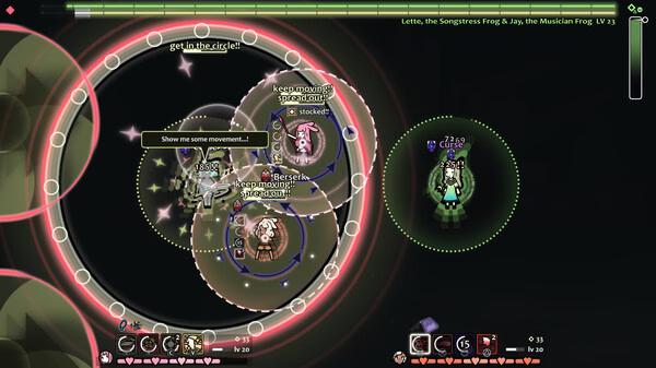 Screenshot from 'Rabbit and Steel' showing characters battling with health bars and action commands in a circular arena.