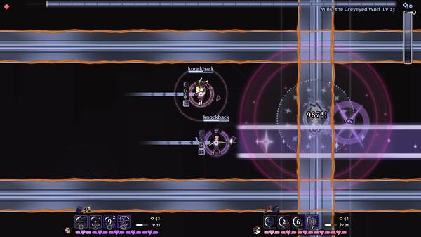 Rabbit and Steel screenshot: Two characters in combat with glowing effects and damage indicators in a dark, futuristic arena.