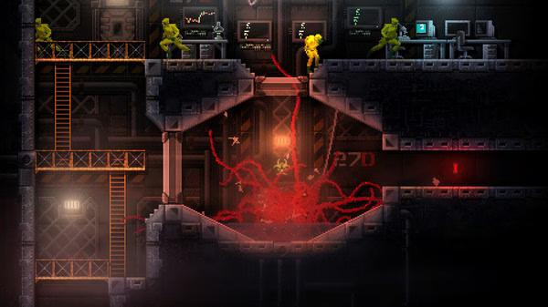 Screenshot from CARRION showing a monstrous creature with tentacles in a dark facility, surrounded by armed humans.