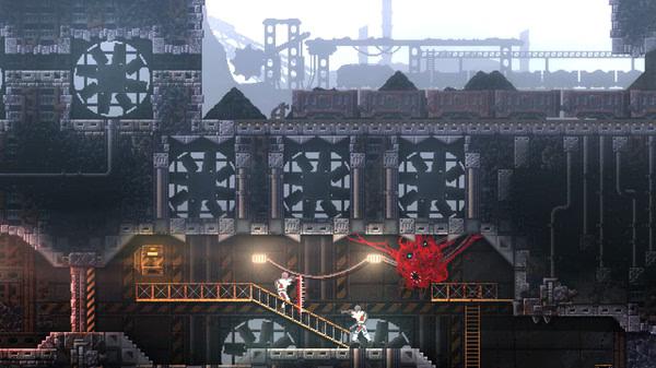 CARRION screenshot: A red, tentacled creature pursues two scientists in an industrial facility with metal walkways and machinery.