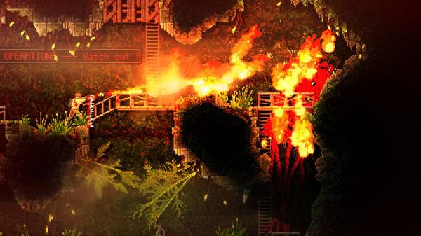 CARRION screenshot: Fiery explosion in a complex of platforms and foliage, with a warning sign displaying "OPERATION: Watch out."