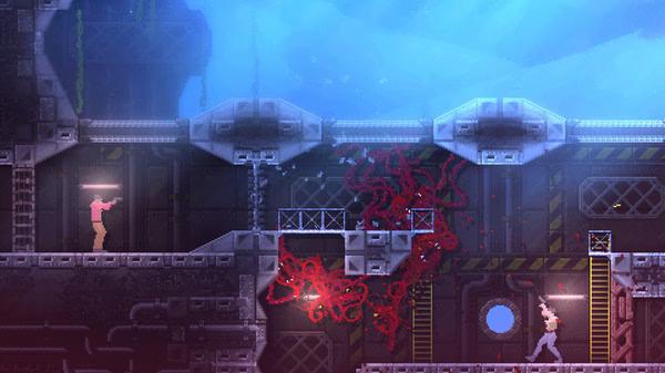 Screenshot from CARRION showing the red tentacled creature attacking humans inside a sci-fi industrial facility.