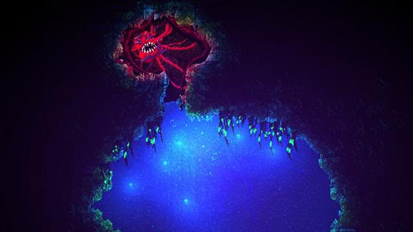 Screenshot from CARRION showing a red, tentacled creature near glowing blue water in a dark, eerie underground environment.