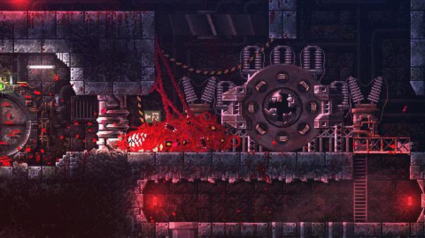 CARRION screenshot: A red, tentacled creature moves through an industrial facility with metal structures and glowing red lights.