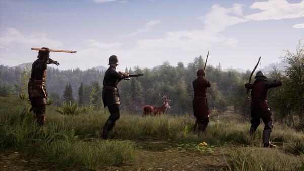 Screenshot from Medieval Dynasty showing four armed characters aiming at a deer in a lush, green landscape under a cloudy sky.