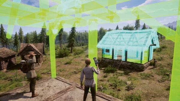 Screenshot from Medieval Dynasty showing two characters constructing a house frame in a lush, forested landscape.