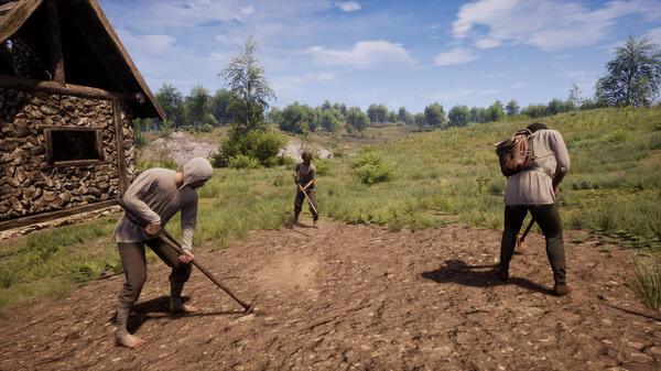 Medieval Dynasty screenshot: Three villagers work the fields near a rustic wooden house under a clear blue sky.