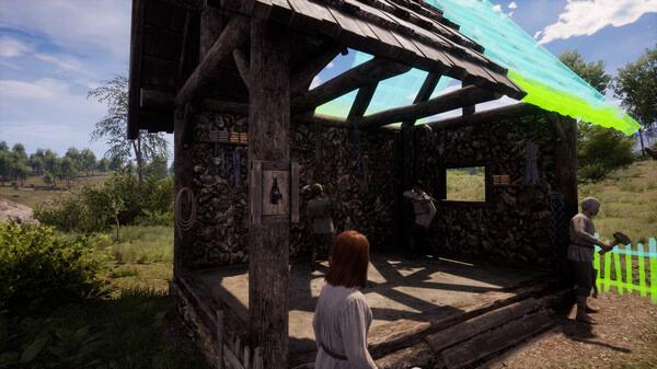 Screenshot from Medieval Dynasty showing villagers constructing a timber-framed building in a lush, green landscape.
