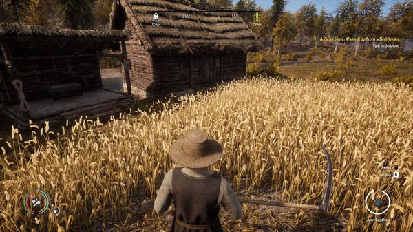 Screenshot from Medieval Dynasty showing a character with a straw hat standing in a wheat field, facing two rustic wooden huts.