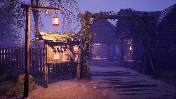 A screenshot from Medieval Dynasty showing a village entrance with wooden archways, a notice board, and a glowing lantern at dusk.