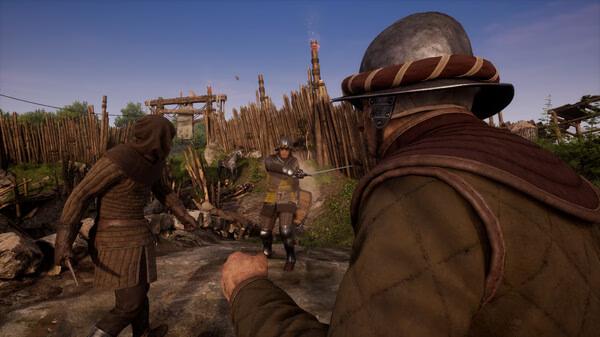 Medieval Dynasty screenshot: Three armored characters stand in a wooden fort, with one character aiming a bow at the others.