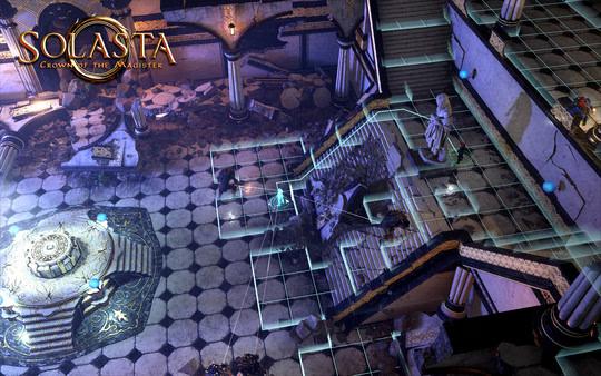 Solasta: Crown of the Magister screenshot showing a party exploring a crumbled, grid-marked temple with glowing blue orbs.