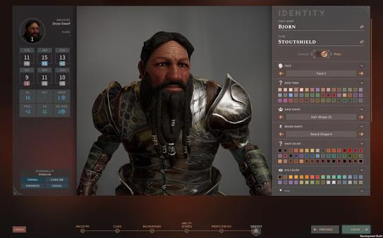 Screenshot from Solasta: Crown of the Magister showing a character customization screen with a dwarf wearing armor.
