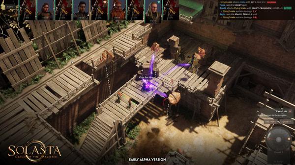 Screenshot from Solasta: Crown of the Magister showing characters in a wooden fort, engaged in battle with purple magic effects.
