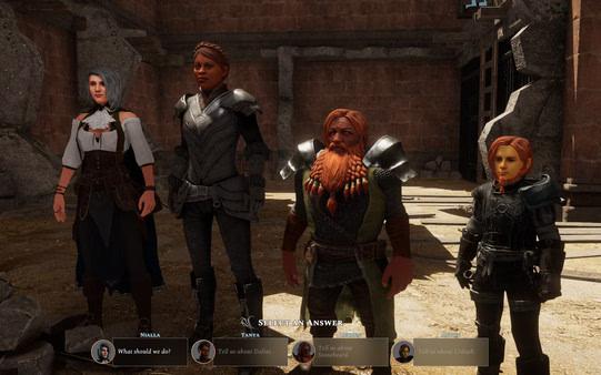 Screenshot from Solasta: Crown of the Magister showing four armored characters standing in a stone courtyard with dialogue options.