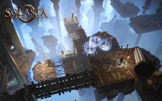 Solasta: Crown of the Magister screenshot showing adventurers navigating a floating dungeon with magical platforms and glowing runes.