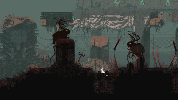 Rain World screenshot featuring a white slugcat surrounded by two robotic creatures in a post-apocalyptic environment.