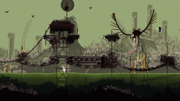 Screenshot from Rain World showing a white slugcat navigating a post-apocalyptic landscape with a large bird flying overhead.