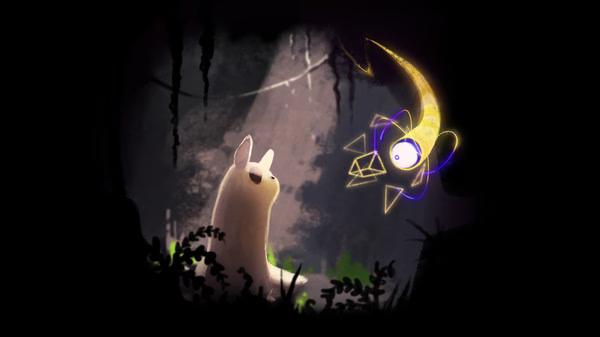 Rain World screenshot: A slugcat gazes at a glowing, abstract creature in a dark, cave-like environment with hanging foliage.