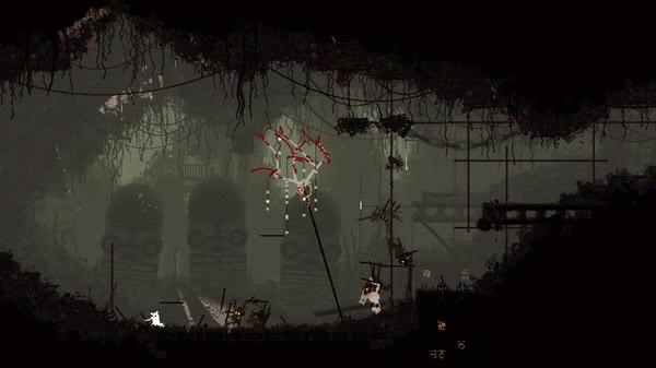 Rain World screenshot: A white slugcat navigates a dark, overgrown area with structures and threats, amidst a mysterious atmosphere.