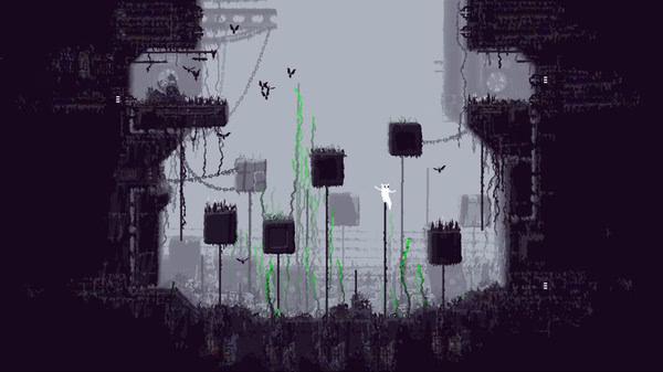 A 'Rain World' screenshot showing the slugcat navigating a dark, industrial landscape with platforms and flying creatures.