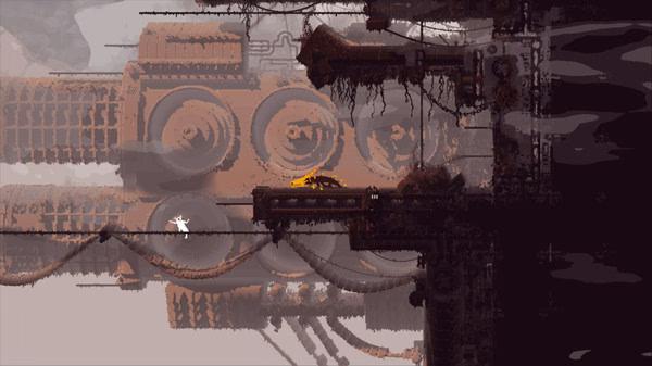 Rain World screenshot: A small white creature traverses a mechanical landscape with large gears and pipes in the background.