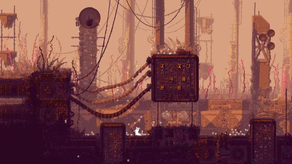 Rain World screenshot featuring a slugcat navigating a mechanical, industrial environment with cables and structures in the background.