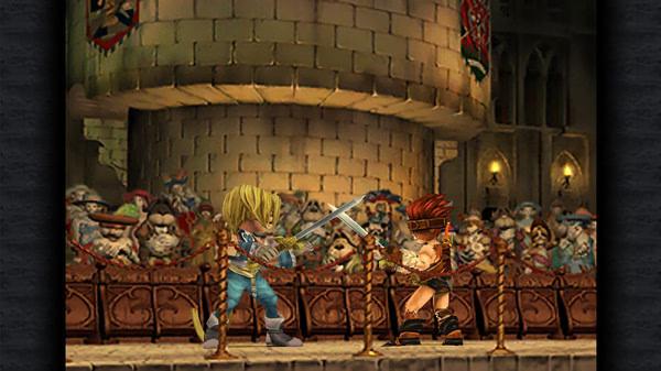 A FINAL FANTASY IX screenshot showing two characters in a sword duel on stage, with an audience watching in the background.