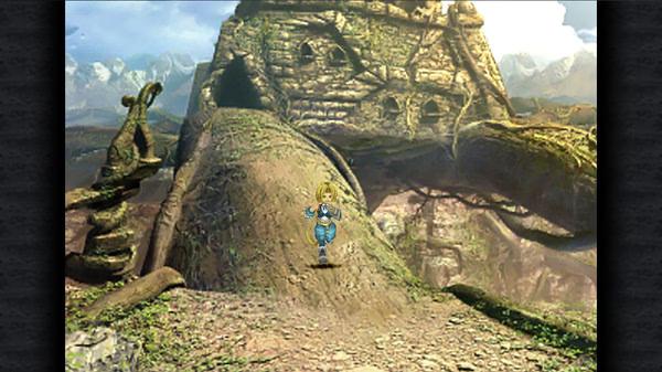 A character runs across a stone bridge in FINAL FANTASY IX screenshot, with a twisted tree and mountain backdrop.