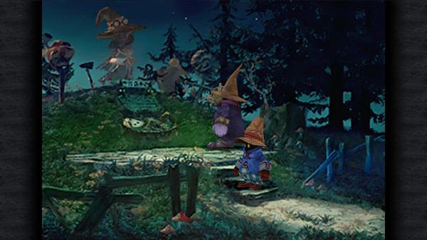 FINAL FANTASY IX screenshot showing Vivi walking through a forested area at night, surrounded by trees and glowing lights.