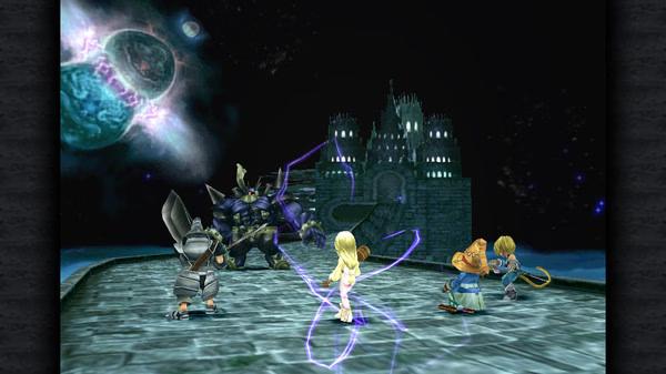 Screenshot from FINAL FANTASY IX showing characters battling a dark armored enemy on a bridge with a glowing planet in the background.