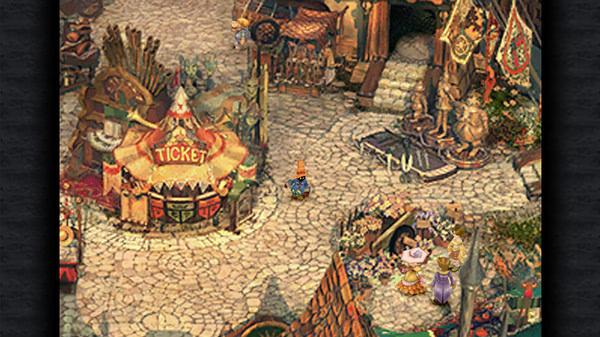 FINAL FANTASY IX screenshot: A character stands in an ornate marketplace with a ticket booth and various colorful stalls.