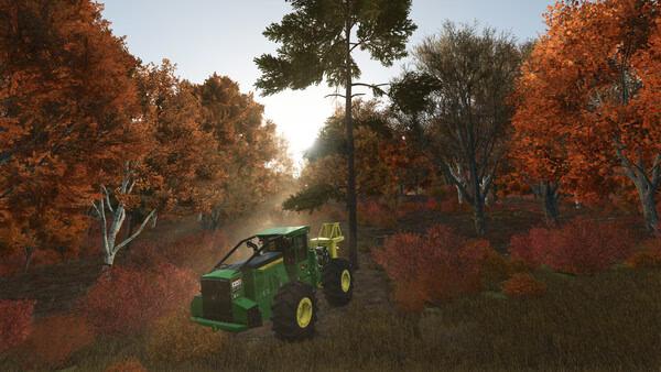 Farming Simulator 25 screenshot: A green tractor operates in a vibrant autumn forest, surrounded by colorful foliage under a clear sky.