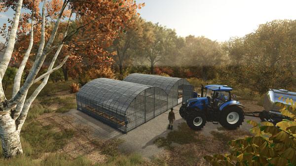 Farming Simulator 25 screenshot: A blue tractor parked beside greenhouses, surrounded by autumn trees and a farmer standing nearby.