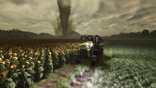 Screenshot from Farming Simulator 25 showing a tractor plowing a field under a cloudy sky with a visible tornado.