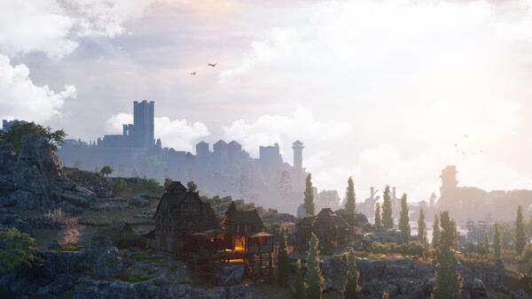 Bellwright screenshot showing a medieval village with illuminated houses, a distant castle, and a serene landscape under a bright sky.