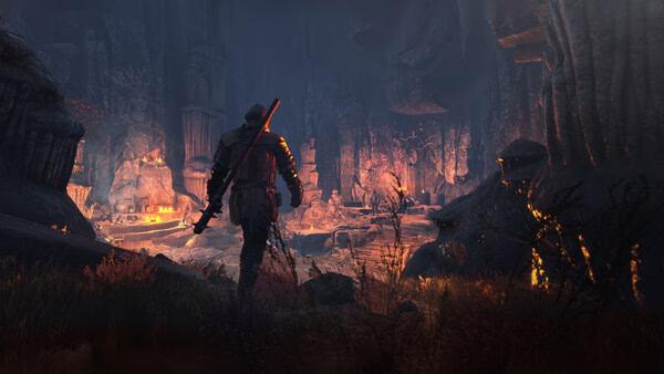 Screenshot from Bellwright showing a warrior with a sword exploring a dimly lit cave filled with glowing orange lights.