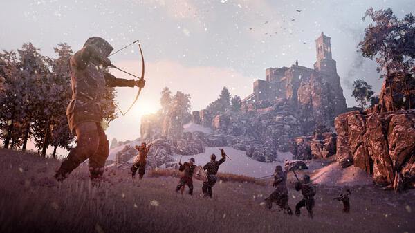 Screenshot from Bellwright showing an archer aiming at several approaching enemies in a snowy landscape with a castle in the background.