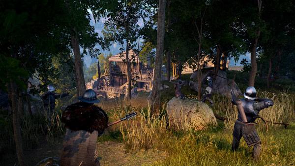 A Bellwright screenshot showing armed characters in a forest near a wooden settlement, preparing for an ambush.
