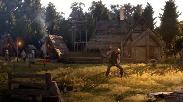 Screenshot from Bellwright showing a village scene with wooden huts and a character farming in the foreground.