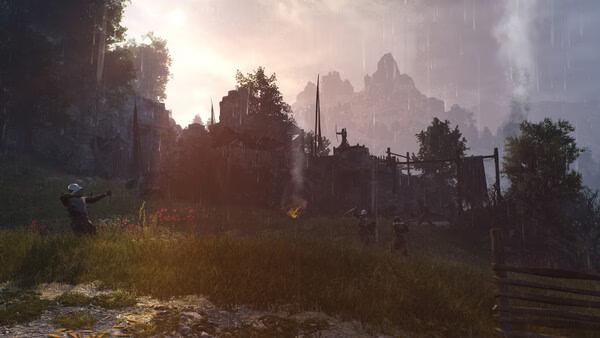 Screenshot from Bellwright showing a scenic view of a medieval village under rain, with soldiers and a distant mountain backdrop.