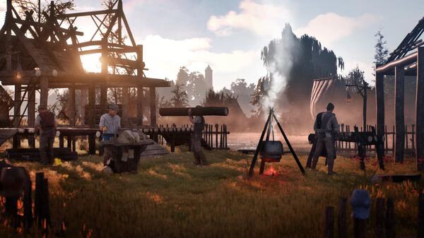 Bellwright screenshot: Several villagers work on constructing wooden buildings in a lush, sunlit rural setting.